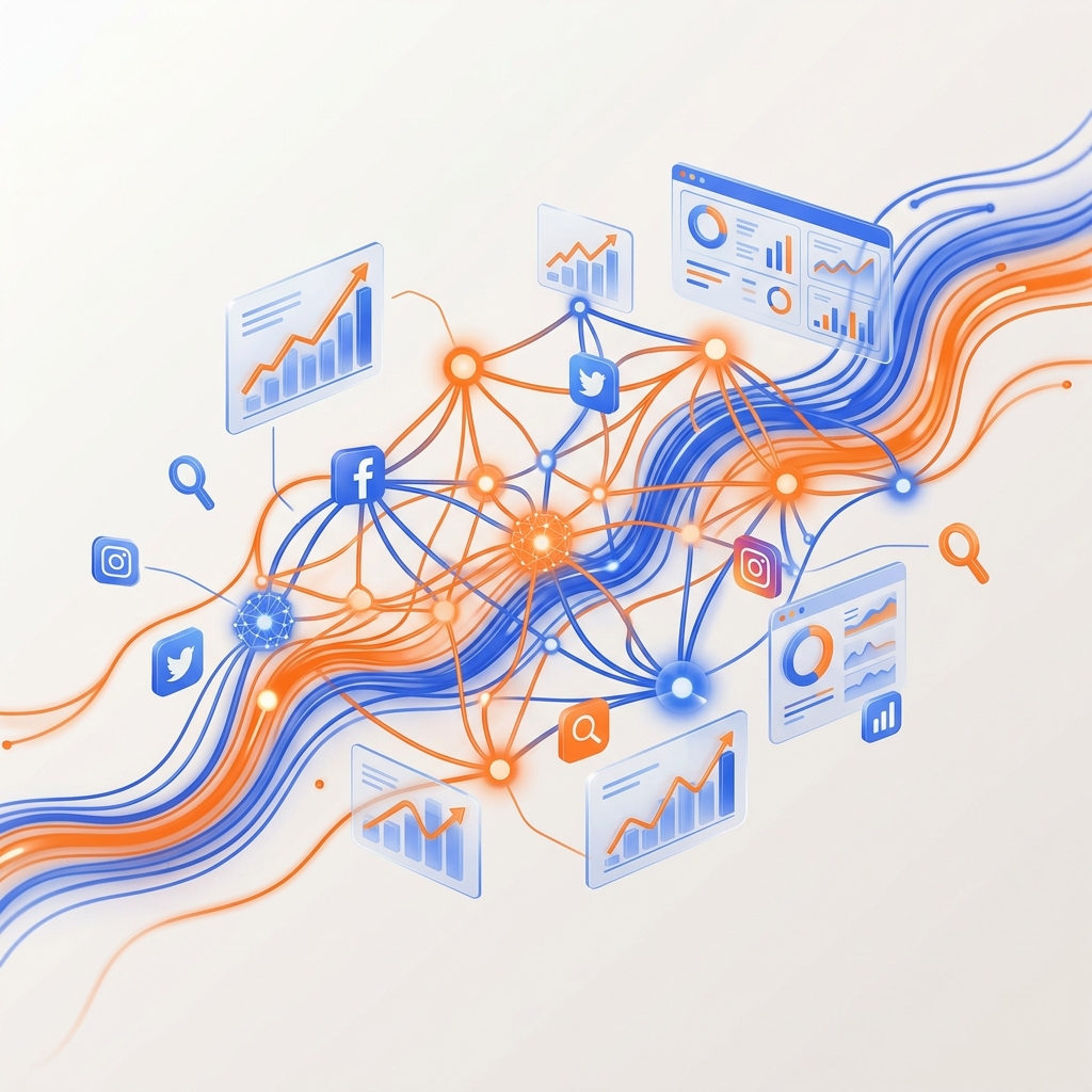 AI-powered digital marketing visualization showing neural networks and data analytics